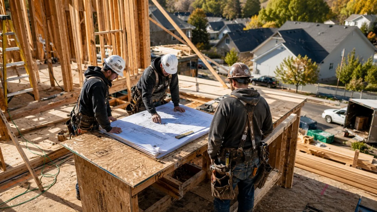 General contractors in hard hats reviewing architectural blueprints on a residential construction site.
