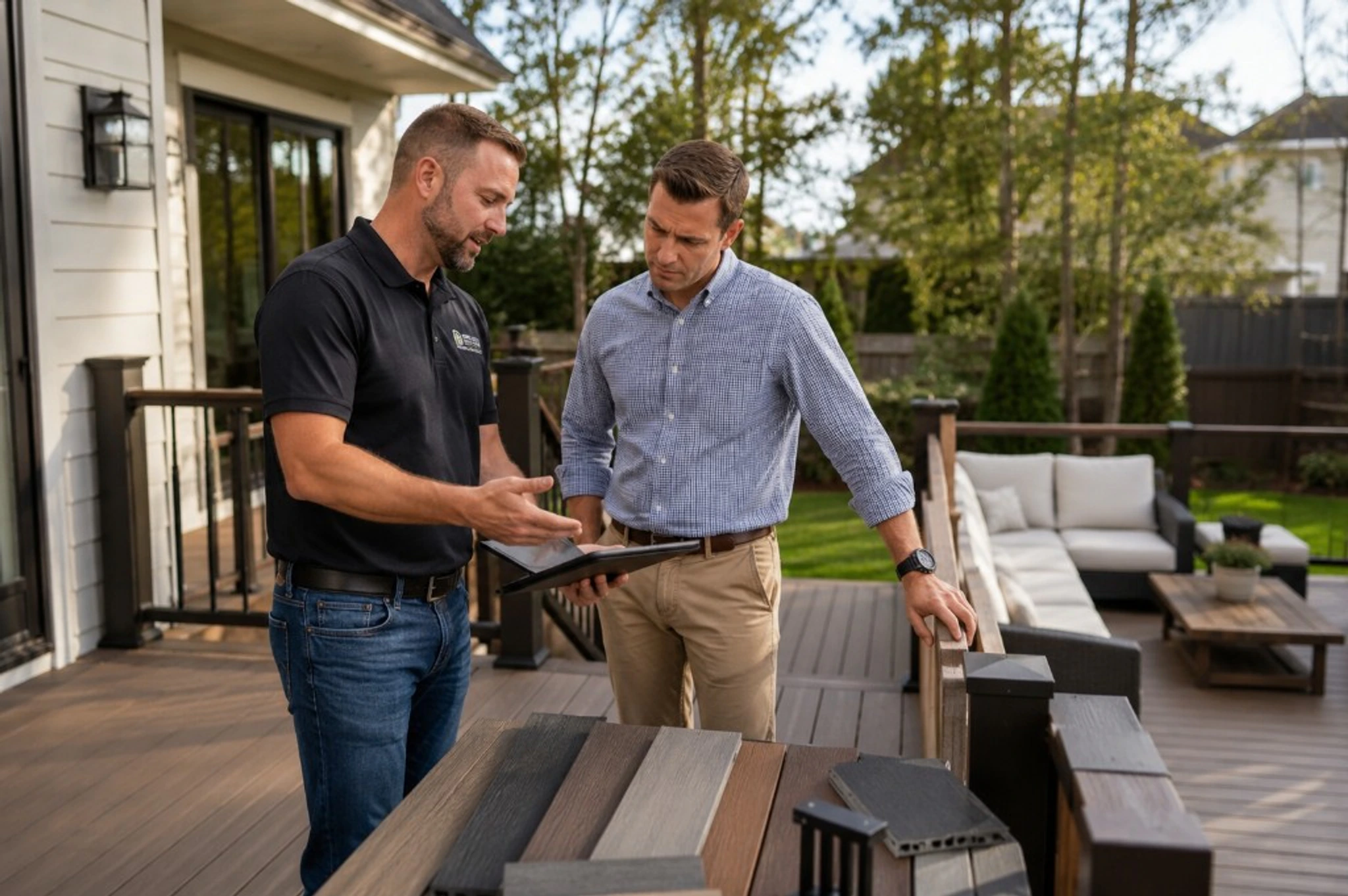 Deck consultant reviewing composite material samples and project priorities with a homeowner on-site.