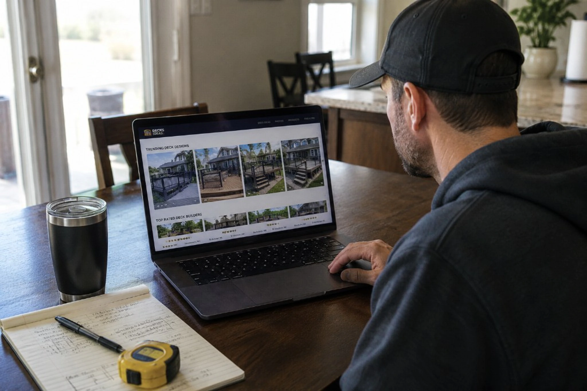 Homeowner researching local deck and railing contractors online across multiple tabs and project galleries.