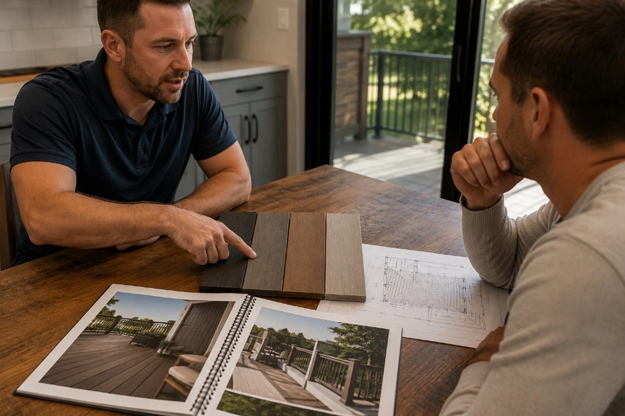 Deck team planning railing and material selections with project documents and measurements.