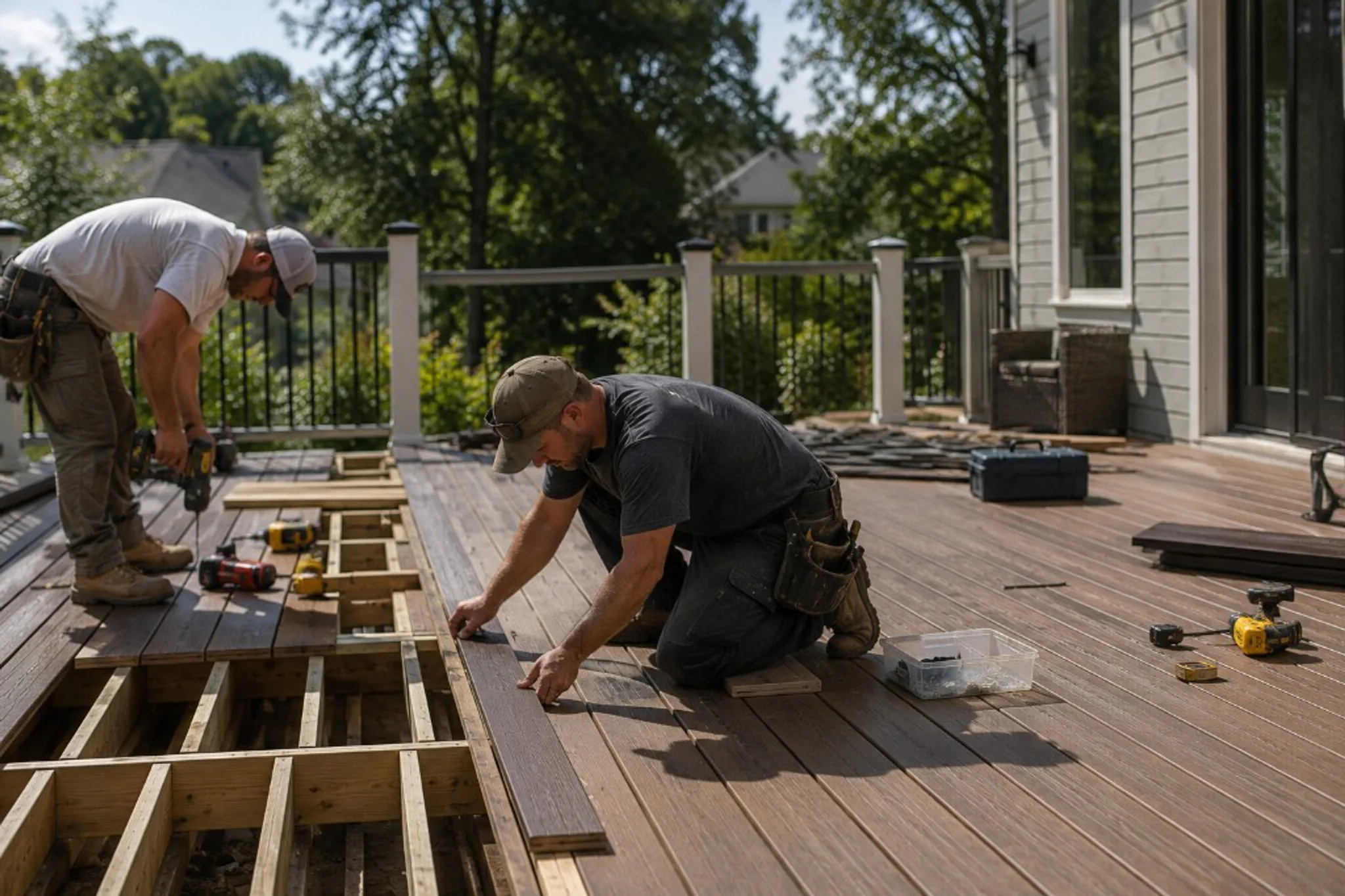 Deck and railing crew installing composite boards and railing components on an elevated outdoor build.