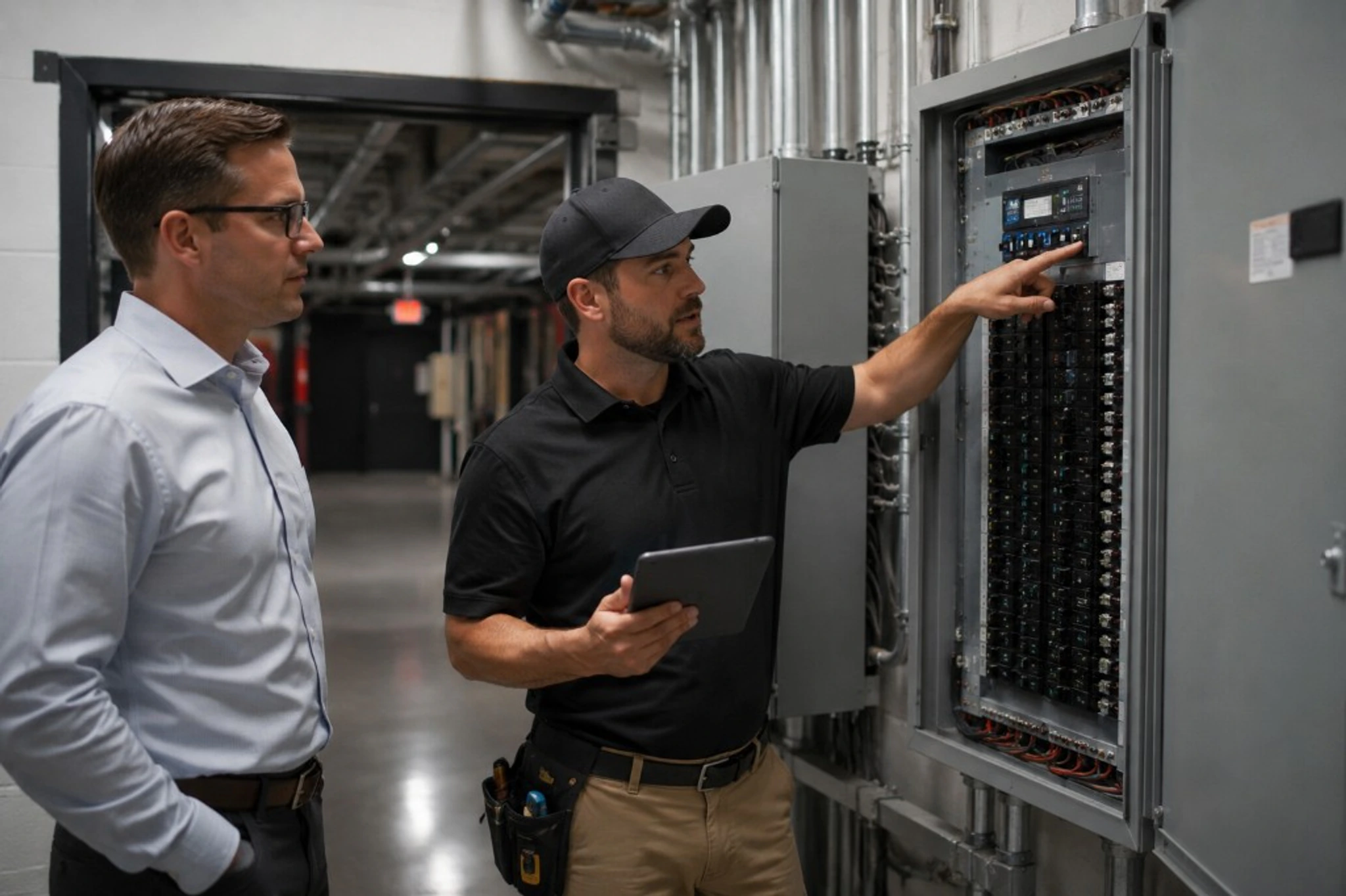 Electrician consulting with a commercial facility manager at an electrical panel during a project estimate.