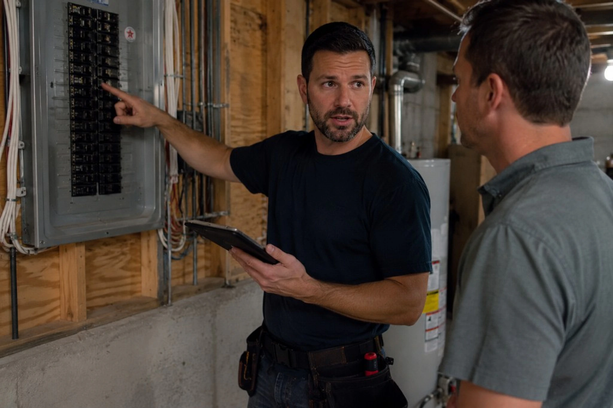 Electrical contractor reviewing panel upgrade plans and load calculations with a homeowner.