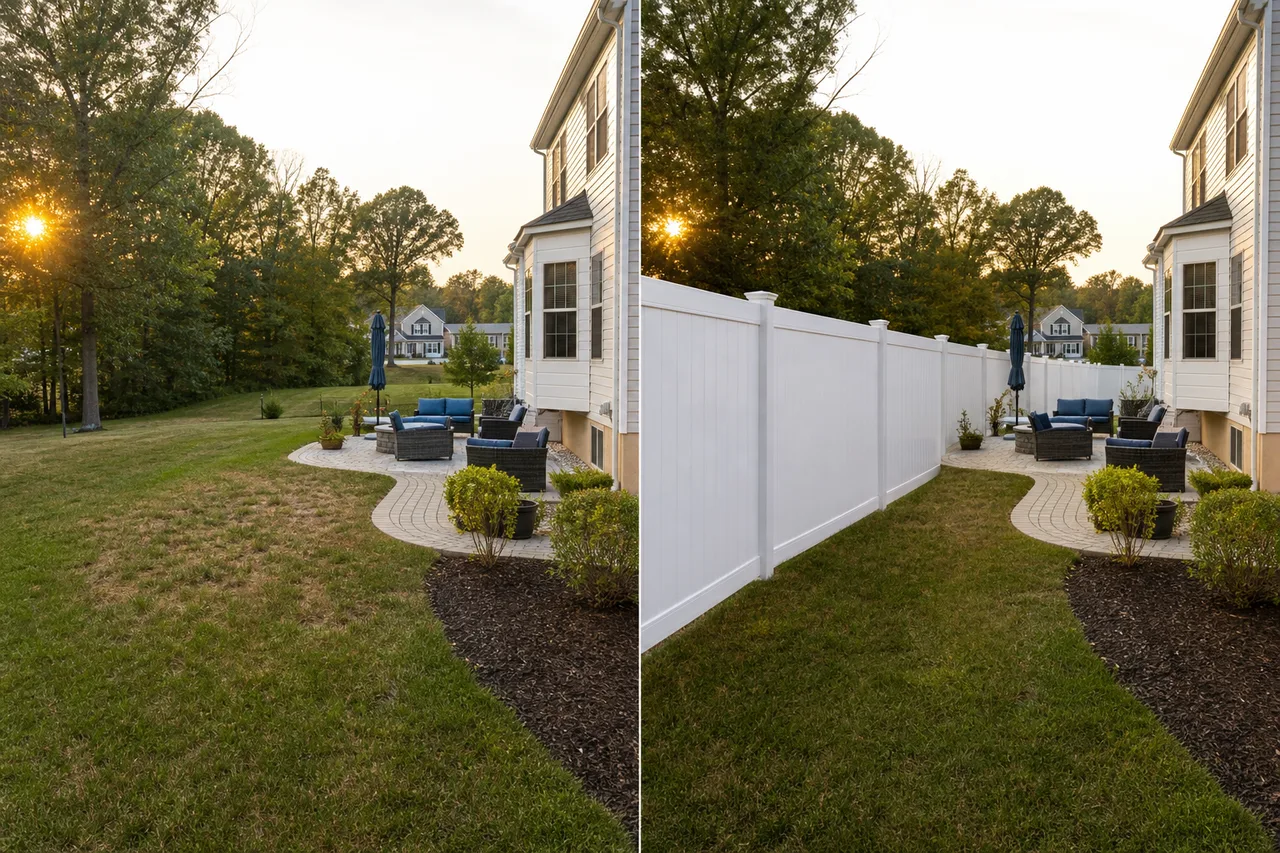 Completed white vinyl privacy fence installation around a landscaped suburban backyard patio at golden hour.