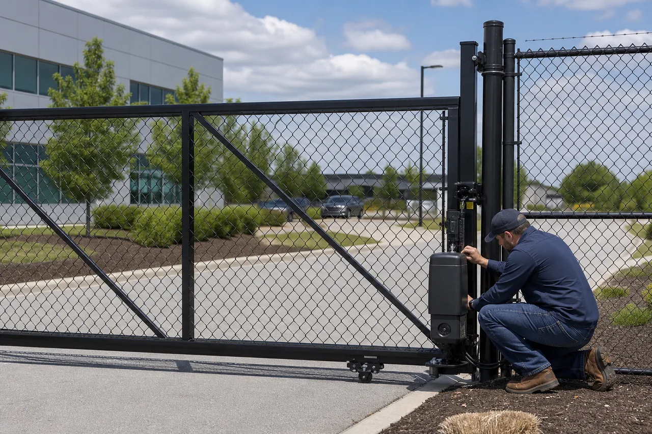 Commercial fencing contractor inspecting an automatic security gate and chain-link perimeter at a commercial property.