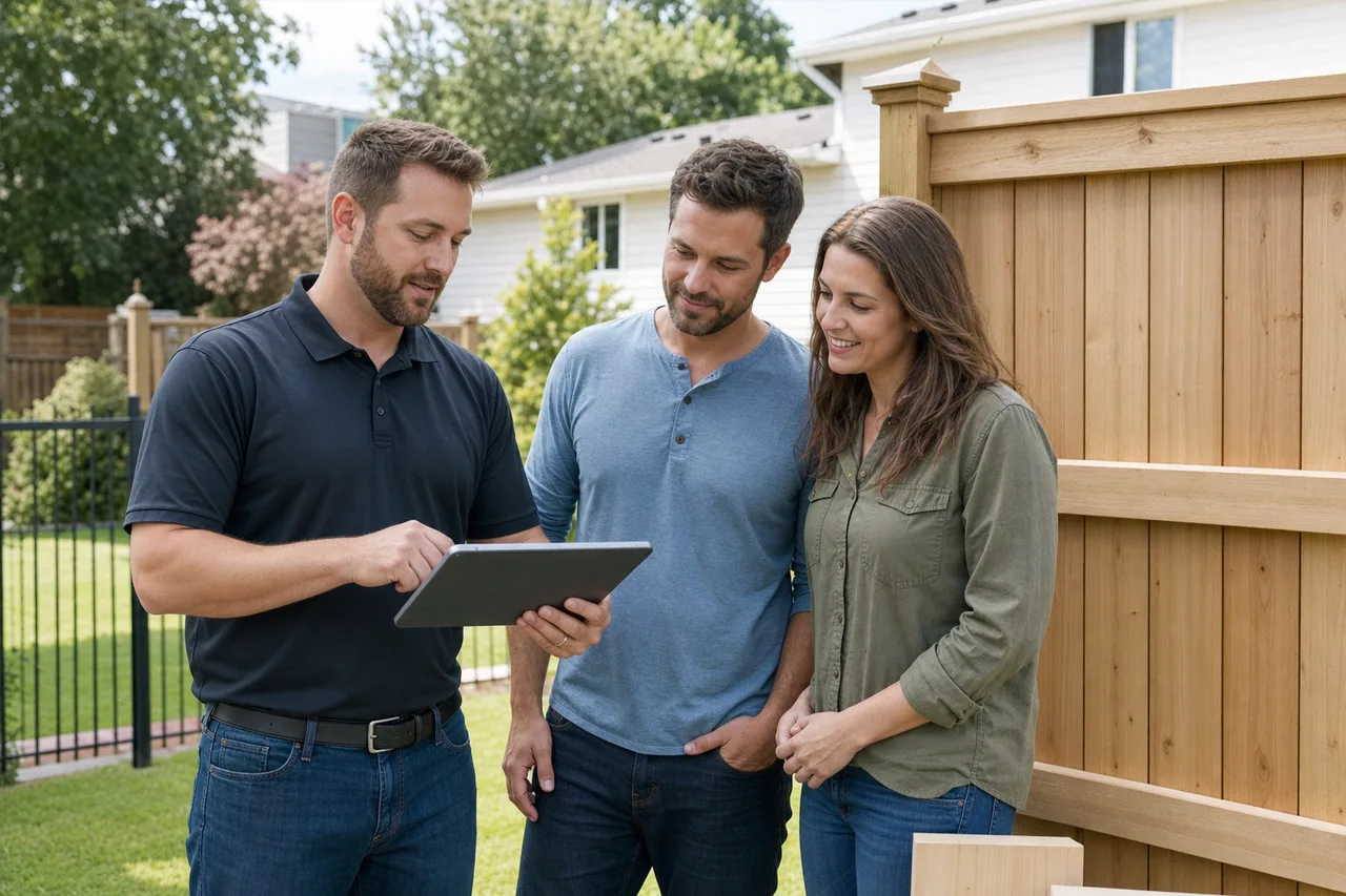 Fence estimator reviewing wood privacy fence options on a tablet with homeowners during an on-site backyard consultation.