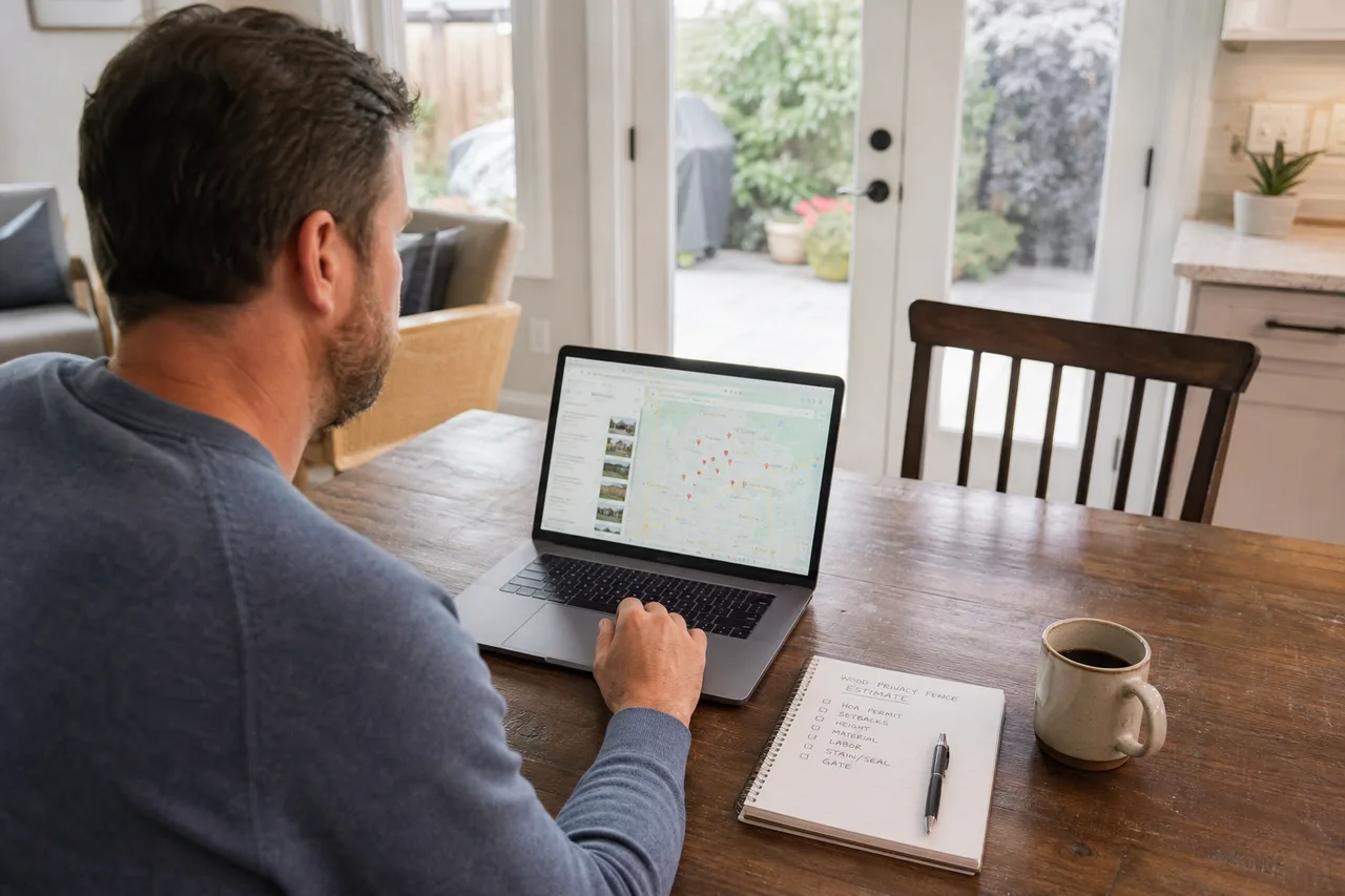 Homeowner researching local fence companies on a laptop with notes about wood privacy fence estimates and HOA permits.