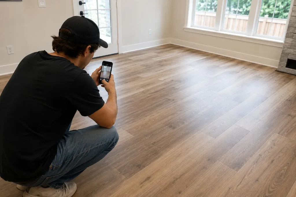 Flooring contractor photographing a completed wood-look plank installation in a renovated room for portfolio and marketing use.