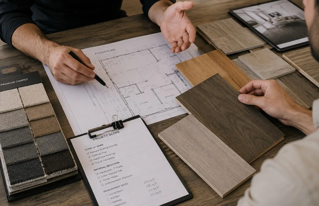 Flooring consultant reviewing a floor plan, project scope checklist, carpet swatches, and hardwood samples during an in-home measurement planning session.