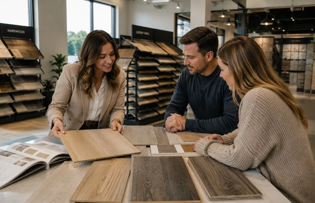 Flooring consultant showing hardwood and luxury vinyl samples to a couple at a consultation table in a modern showroom.