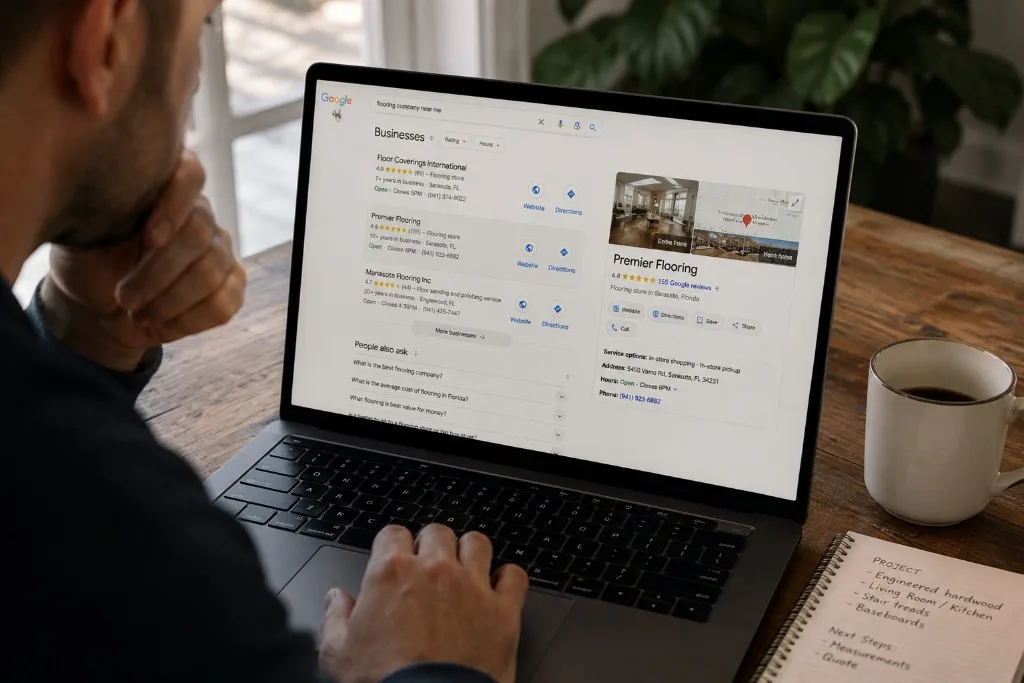 Homeowner researching local flooring companies on Google at a desk with project notes, coffee, and a notebook listing hardwood and measurement next steps.