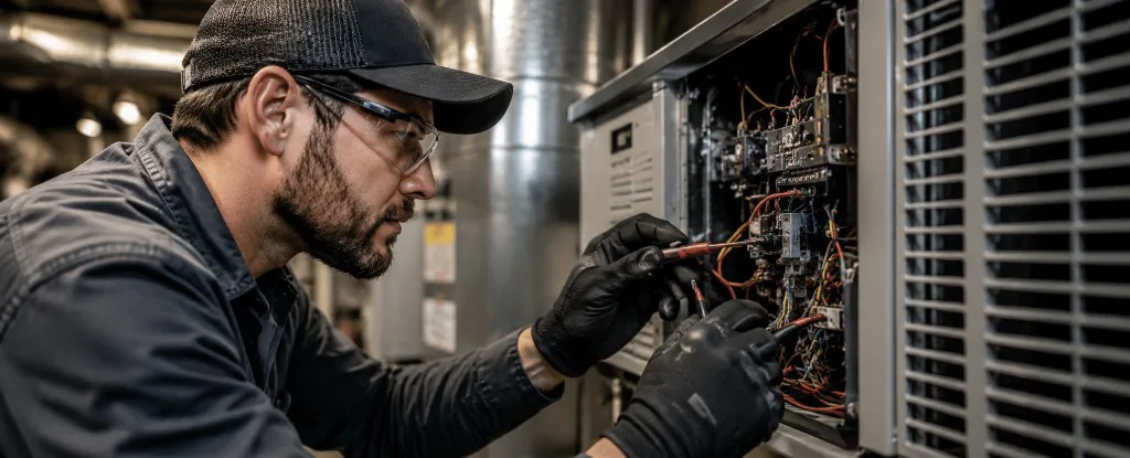HVAC field technician inspecting an air conditioning unit control panel on site.