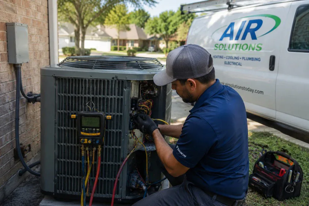 HVAC technician servicing an outdoor condenser unit with gauges at a residential job site.