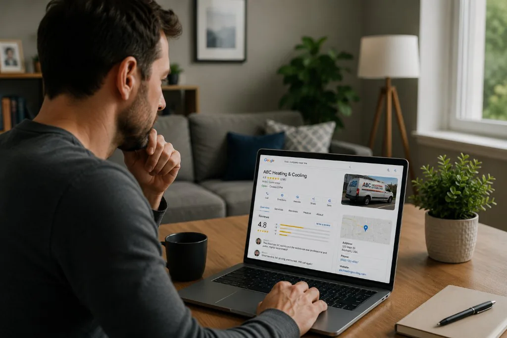 Homeowner researching HVAC companies on Google — comparing reviews, Google Business Profile, and website before calling.