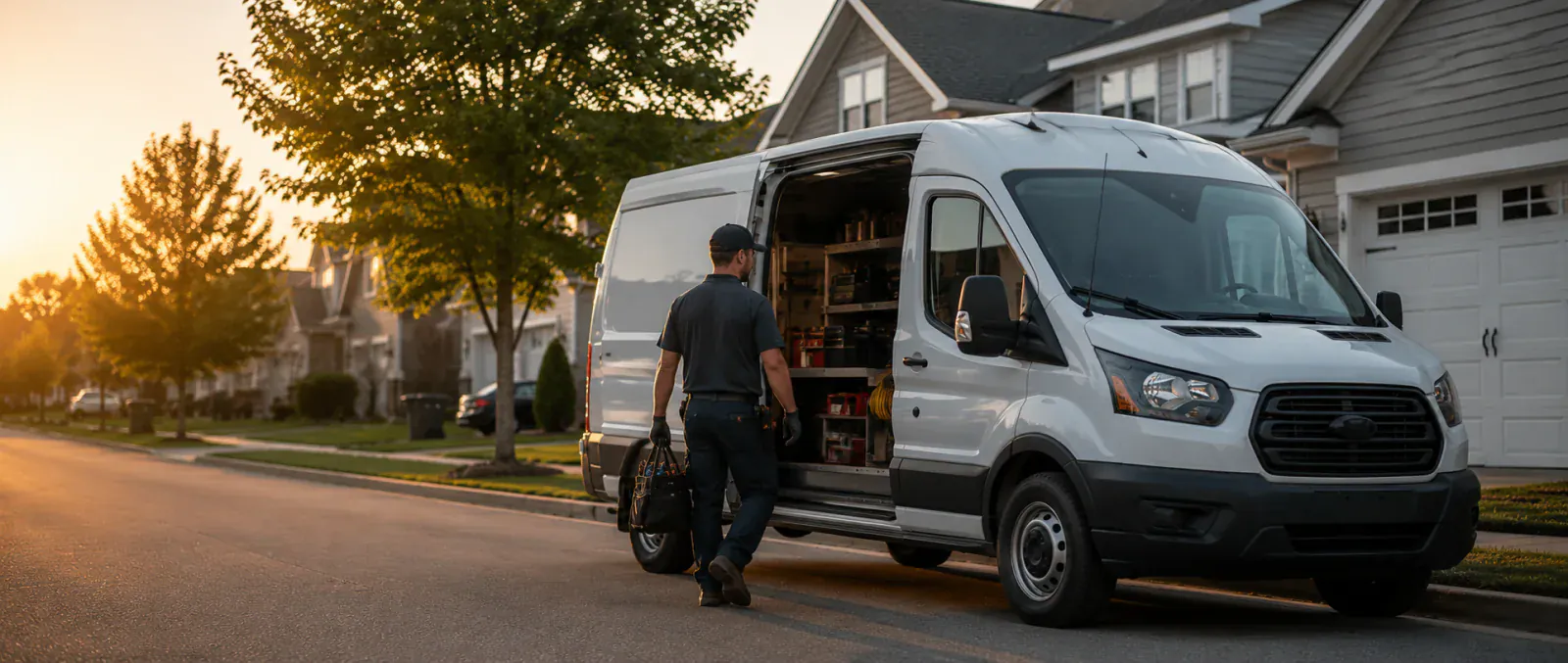Branded HVAC service van driving through a residential neighborhood — local brand visibility that connects to online search.