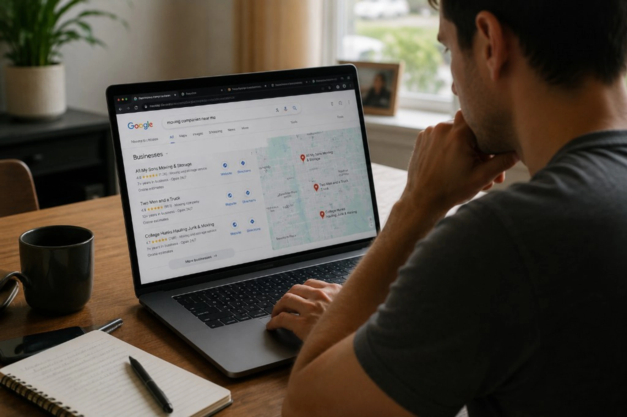 Customer researching moving companies on mobile and comparing Google reviews before requesting a quote.