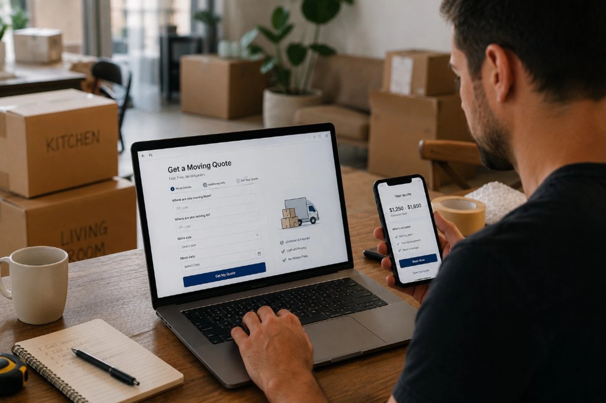 Family planning a move online and requesting a moving quote from a local moving company.
