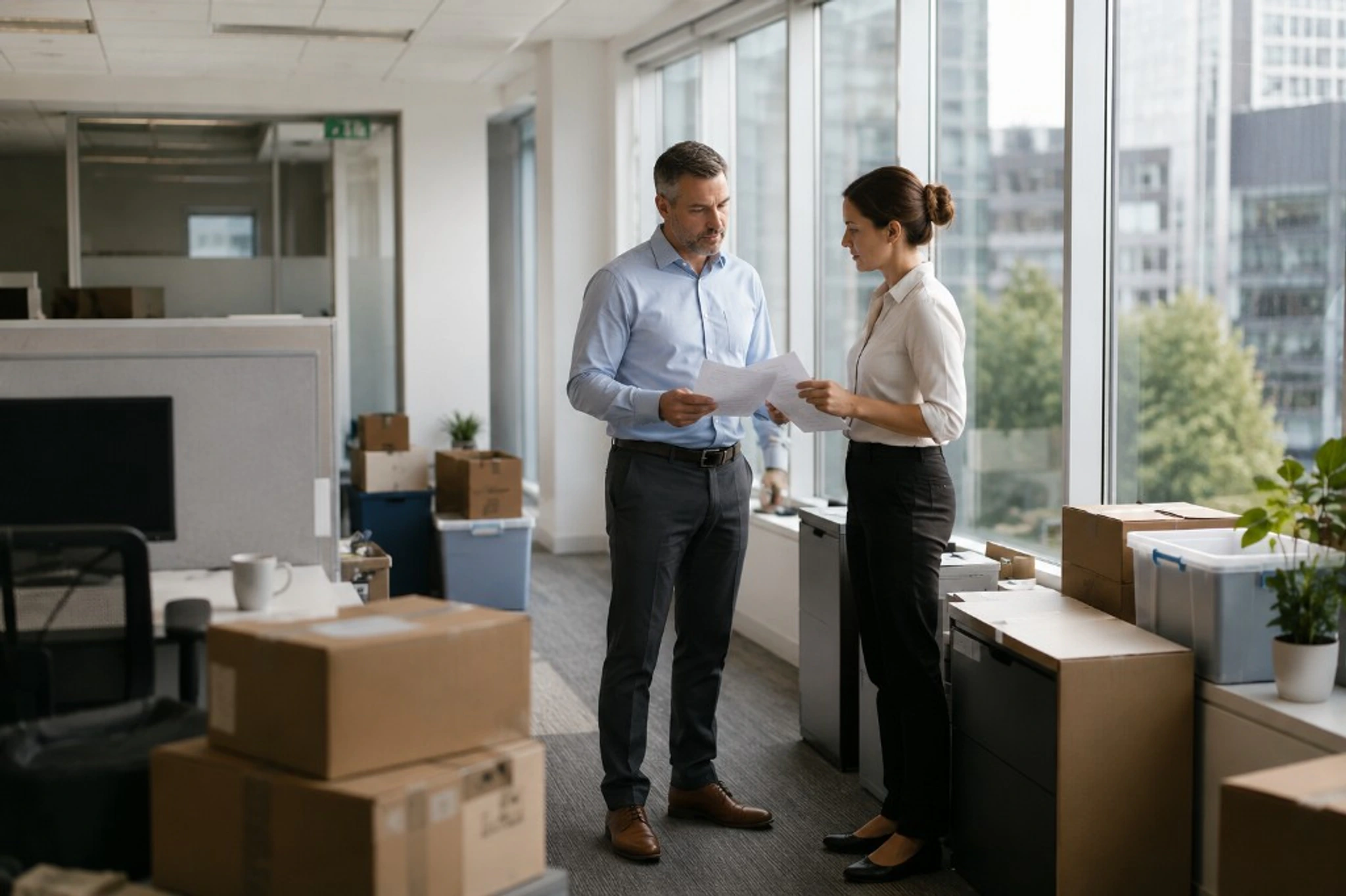 Commercial moving company representative consulting with an office manager about an upcoming office relocation.