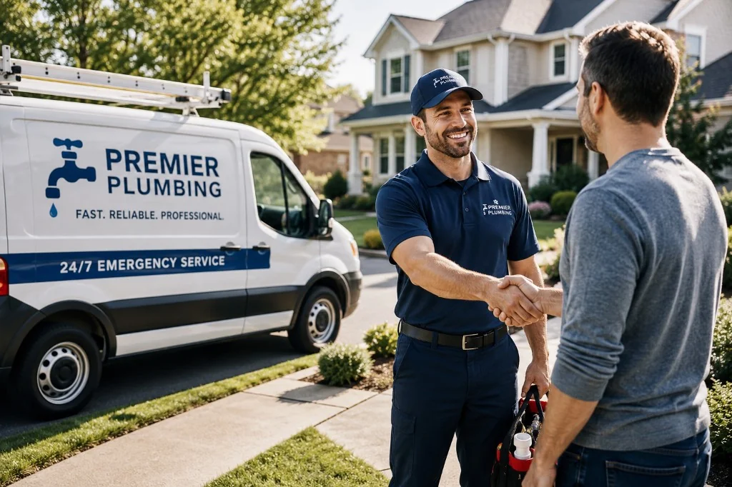 Plumbing technician shaking hands with a homeowner beside a branded service van in a residential neighborhood.