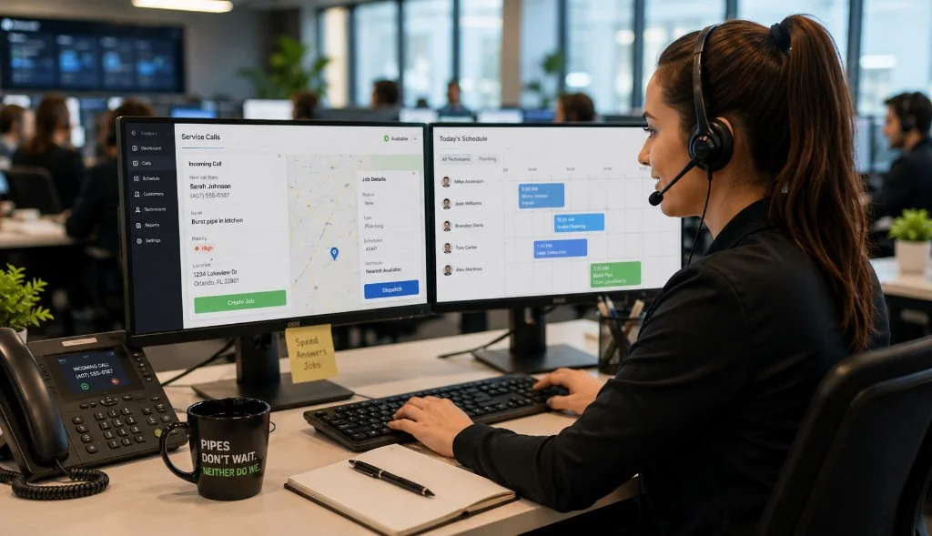 Plumbing dispatcher wearing a headset at a dual-monitor desk, scheduling an emergency service call in dispatch software.