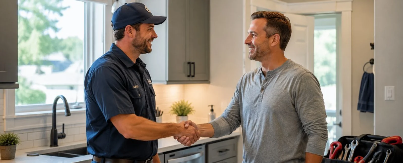 Licensed plumbing technician shaking hands with a homeowner in a residential kitchen after a service call.