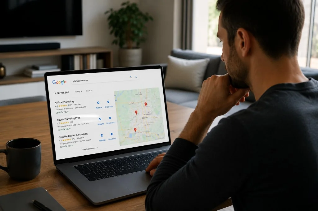 Homeowner researching local plumbers on a laptop, comparing Google Business Profile listings and map pack results.