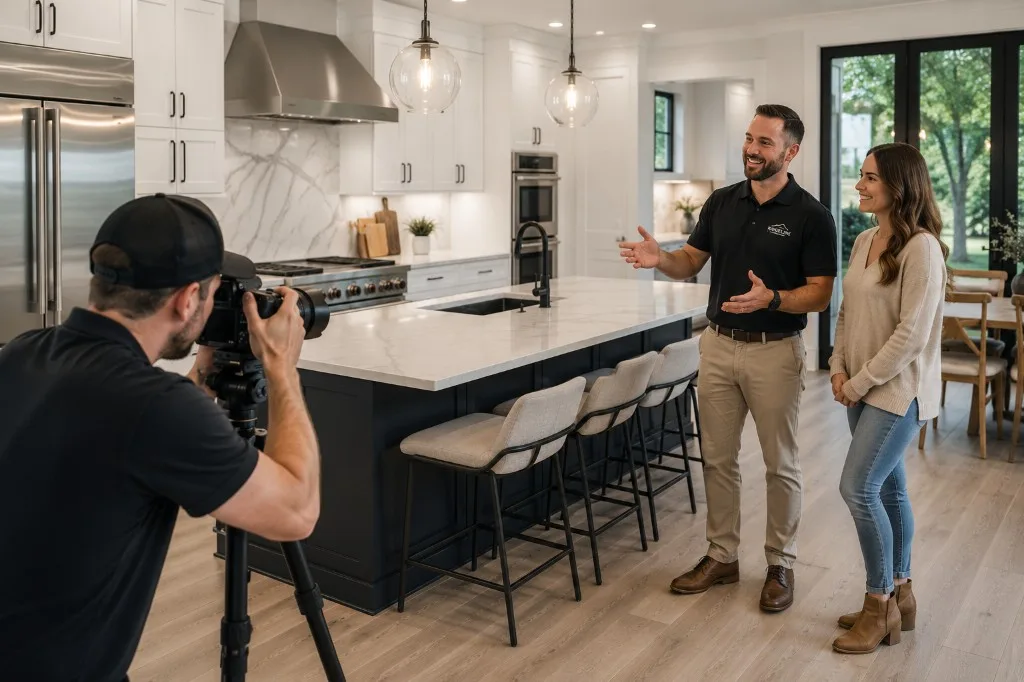 Professional photographer capturing a completed kitchen remodel portfolio shoot with contractor and homeowner in a renovated modern kitchen.