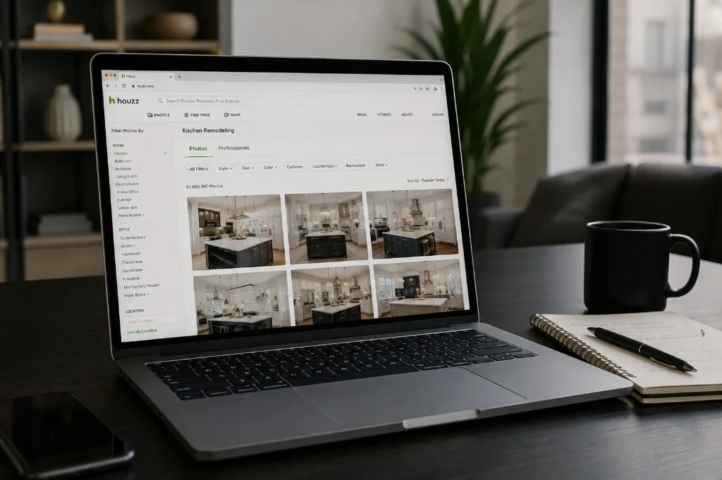 Homeowner researching kitchen remodeling ideas on Houzz at a home desk with laptop, notebook, and coffee.