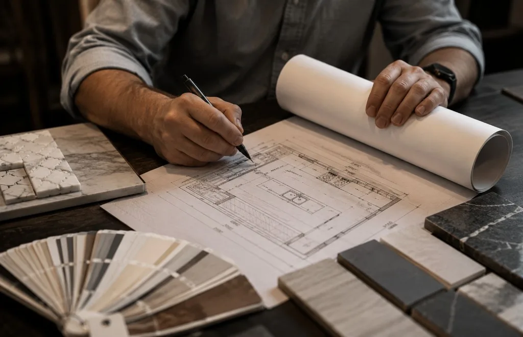 Remodeling designer reviewing kitchen floor plans with tile, stone, and finish material samples spread across a workspace.
