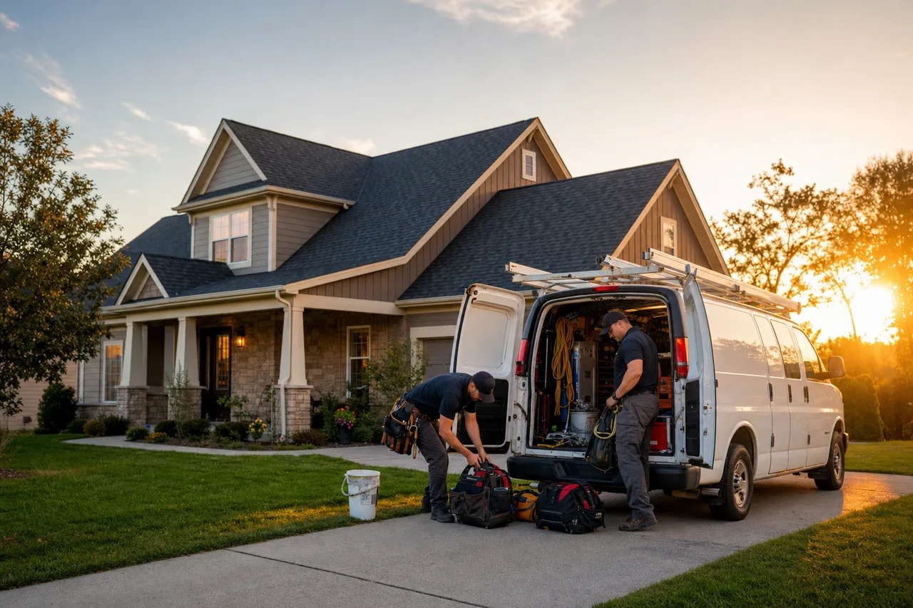 Freshly completed residential roof replacement at golden hour with a roofing crew finishing beside a service van.