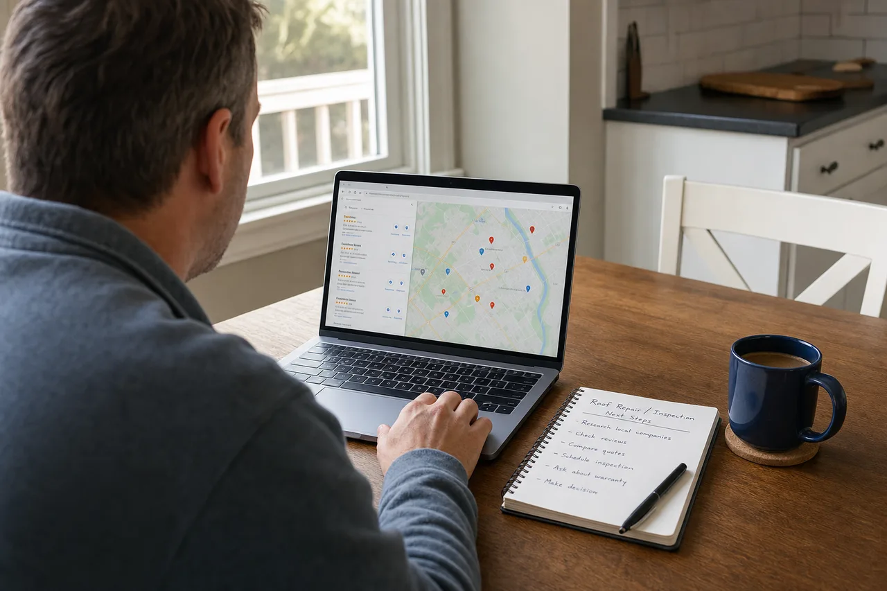 Homeowner researching local roofing companies on a laptop with notes about roof repair and inspection next steps.