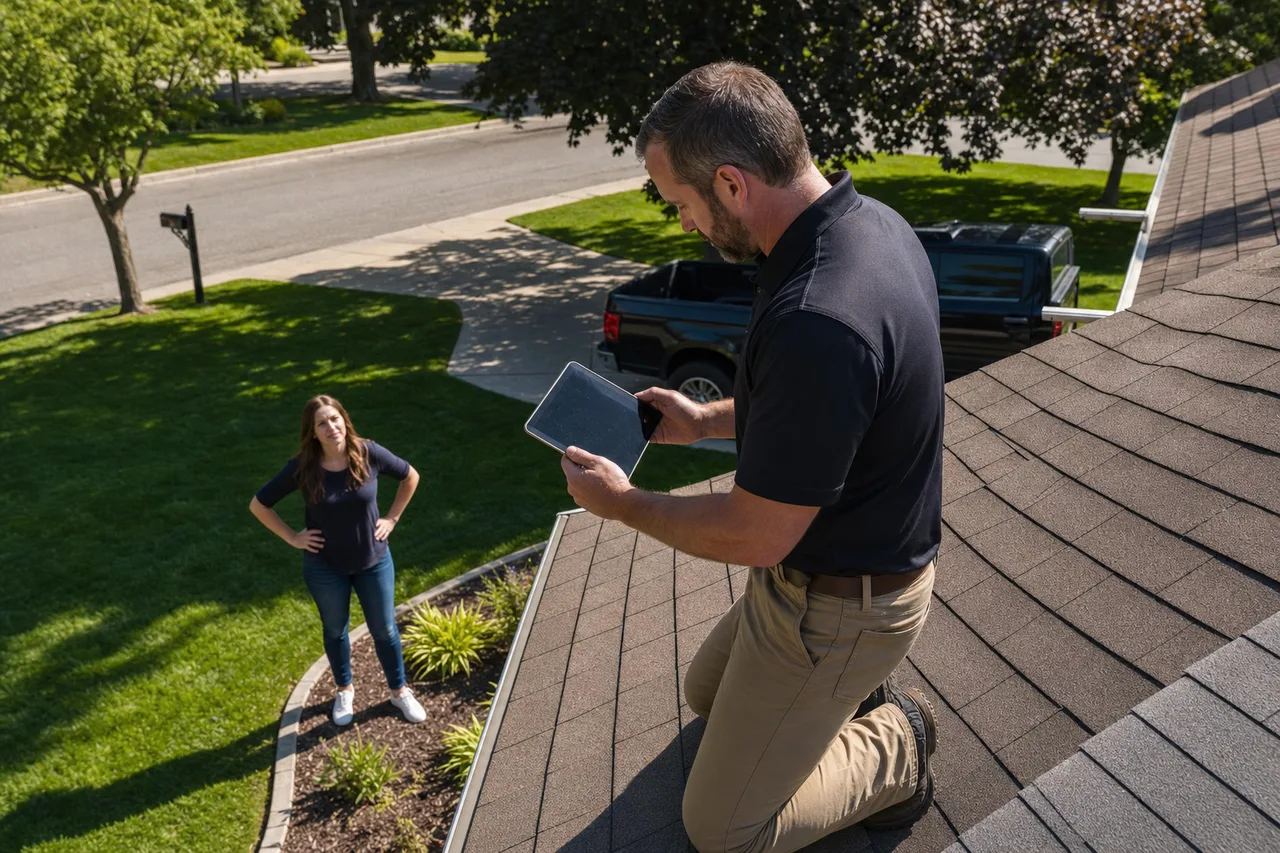Local roofing inspector documenting asphalt shingles on a residential roof while a homeowner waits safely on the ground below.