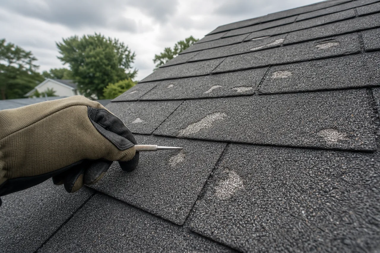 Close-up of hail impact marks and granule loss on asphalt shingles during a professional storm damage roof inspection.